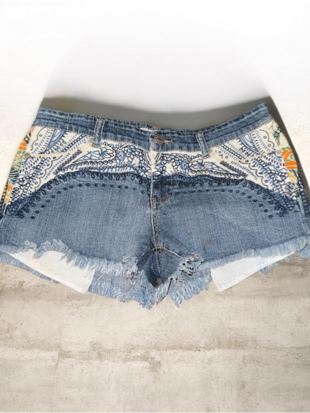 Vintage Havana embroidered Light Blue Denim Shorts with Multicolor Side Panels